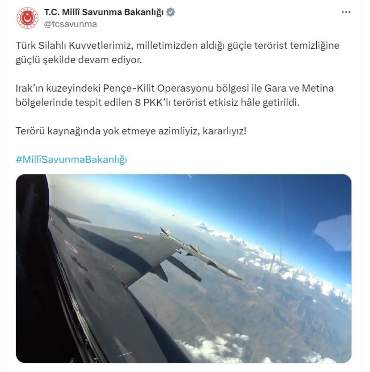 MSB, Irak’ın Kuzeyinde 8 PKK’lı Teröristi Etkisiz Hale Getirdi